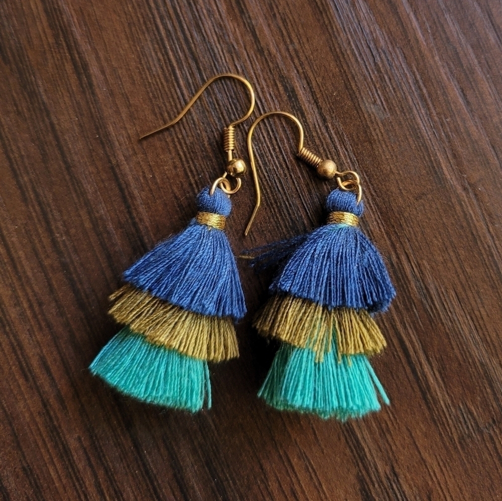 Blue Green Small Tassel Earrings